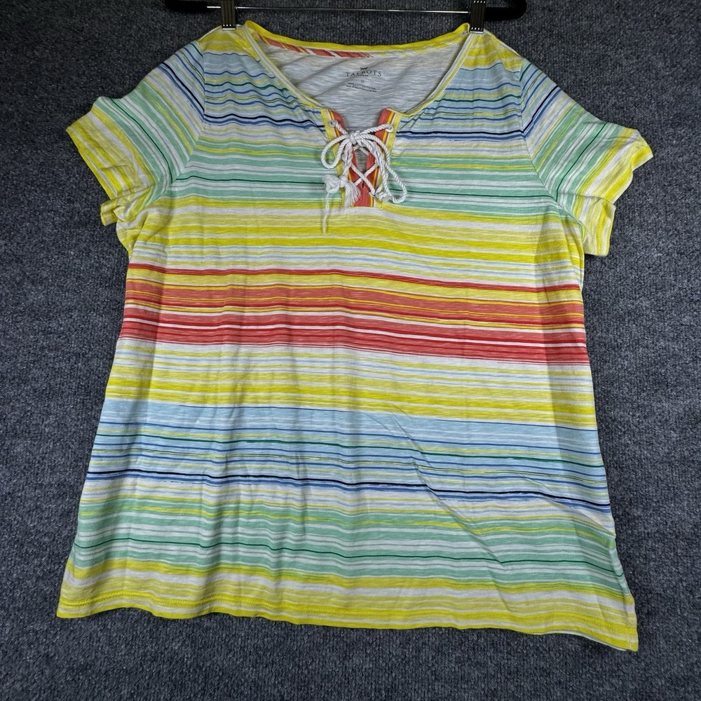 Talbots Womens Short Sleeve Cotton Striped Tee Multi Color White Size1X Lace Up
